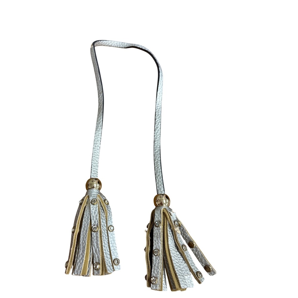 Metallic Pebbled Leather Dual Tassel Bag Charm with Crystal Accents Gold